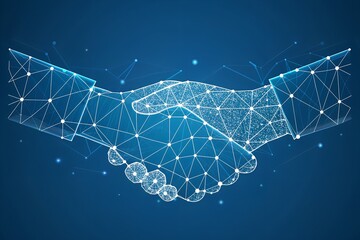 Digital handshake connects global network futuristic technology partnership blue glow