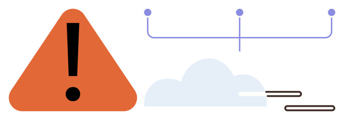 Orange alert triangle paired with a cloud icon and branching data lines, symbolizing caution, cloud computing, and information flow. Ideal for security, networking, technology, warning, analysis