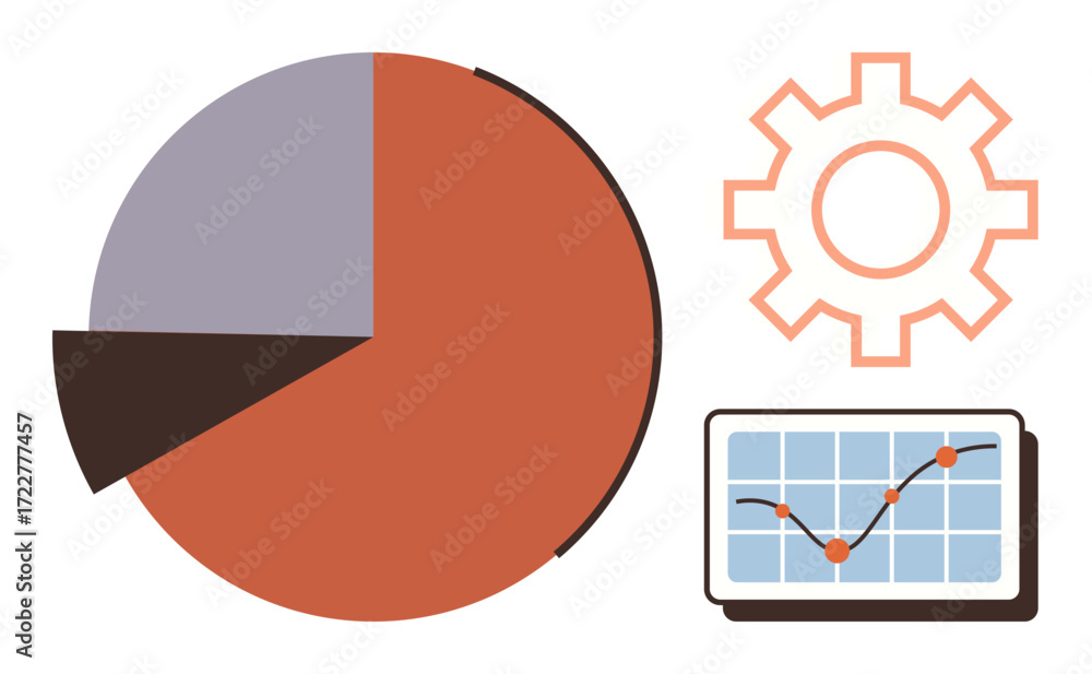 Aufkleber pie chart with distinct sections, a trend chart with analytics points, and a gear symbol for process