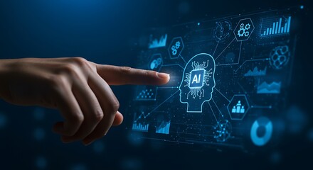 A person's finger touching a futuristic AI brain graphic with a network of data and technology icons