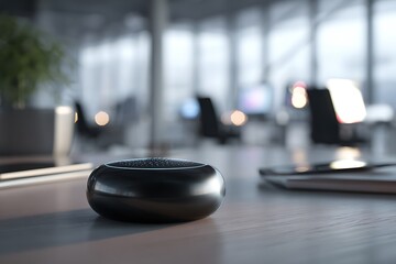 Sleek smart speaker on a modern office desk, facilitating seamless communication and productivity amidst a blurred professional workspace.