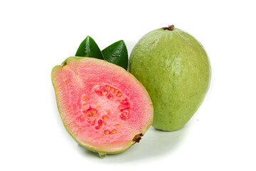 Fresh Pink Guava Fruit with Red Hearts Cut in Half on White Background