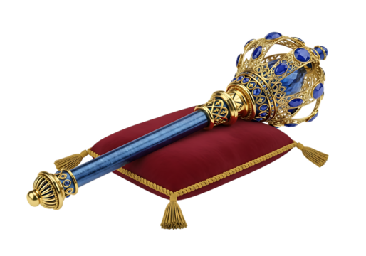 Illustration of a royal scepter with blue jewels and gold accents resting on a red velvet cushion, isolated on a transparent background on transparent background
