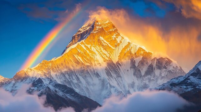 Rainbow arching over a snowy mountain peak with the sun casting a golden light on the snow covered summit and clouds rolling around the base creating a breathtaking mountain view