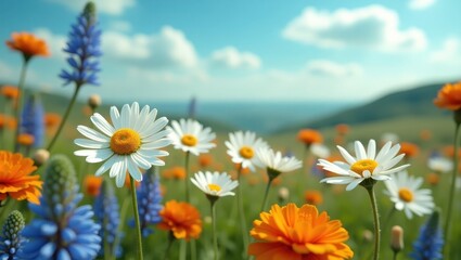 A vibrant meadow bursting with wildflowers, showcasing a variety of colors and textures against a backdrop of rolling hills and a clear blue sky.
