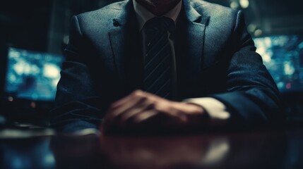 A professional businessman in a suit sits at a desk, exuding confidence and authority in a modern office environment.