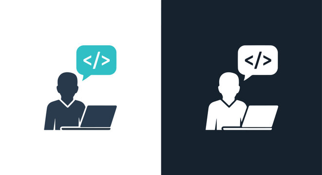 Programmer coding icon with laptop and chat bubble symbolizing development