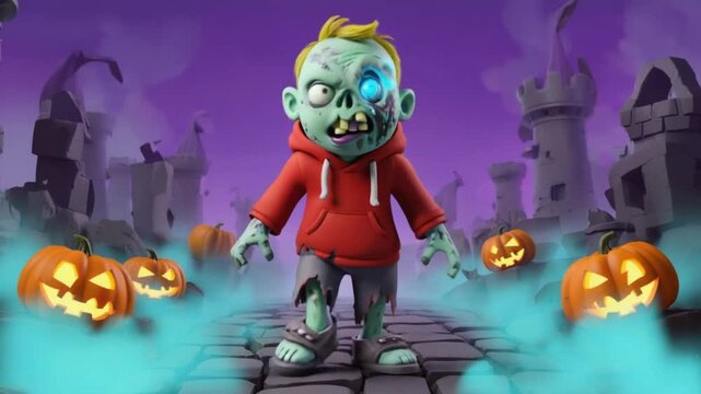 Cartoon zombie in orange hoodie stands among pumpkins and castle ruins at halloween night halloween video