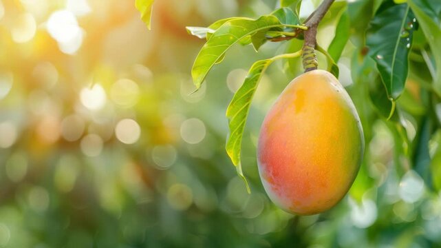Ripe mango hanging from tree branch in sunlight