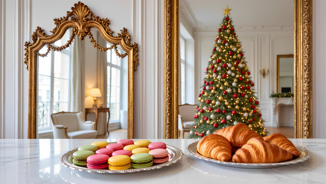A luxurious and elegant composition of French desserts on a marble table. In the foreground is a plate of bright macarons and a plate of fresh croissants. In the background, reflected in gold-framed m