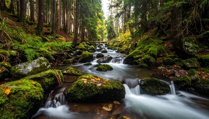 Obraz premium Forest creek flows swiftly by