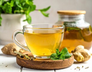 Herbal detox tea with lemongrass, mint, and ginger, spa-inspired background