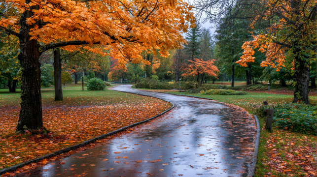 Fall colors create a serene pathway in a quiet park on a rainy day surrounded by vibrant orange and yellow leaves