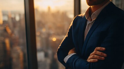 A businessman stands pensively by a window, observing a city skyline at sunset, reflecting on opportunities and challenges ahead.