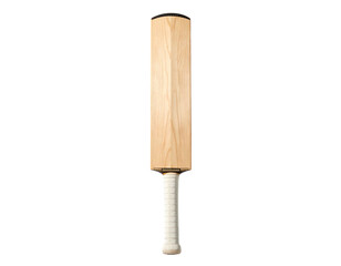 Wooden cricket bat, light beige/tan color,  white handle
