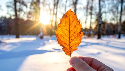 A single golden leaf held in a hand, bathed in the warm glow of a winter sunset over snow-covered forest