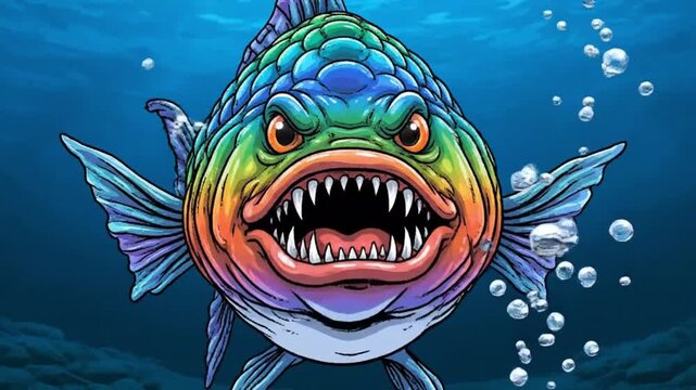 Vibrant cartoon piranha with sharp teeth and colorful scales swimming in dark blue water with bubbles