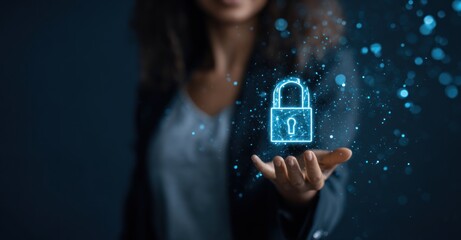 Woman holds a digital padlock emitting light particles, representing security and data protection against a dark background