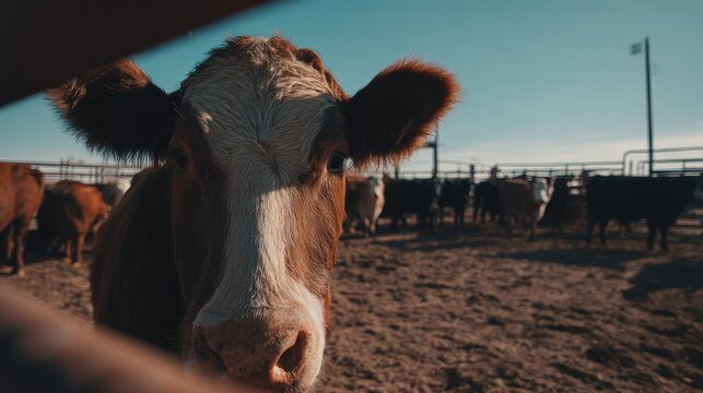 A brown and white cow peeks through a fence in a rural paddock, with other cattle blurred in the background under a bright, clear blue sky