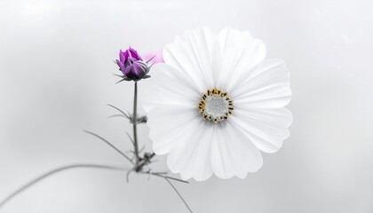Close-up of a white cosmos flower with a purple bud