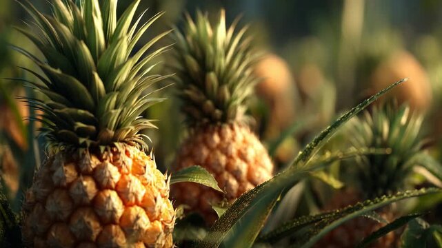 Lush pineapple field showcases rows of ripe fruit, their spiky green tops reaching for the sky. The golden light casts a warm glow, highlighting the freshness of the harvest.