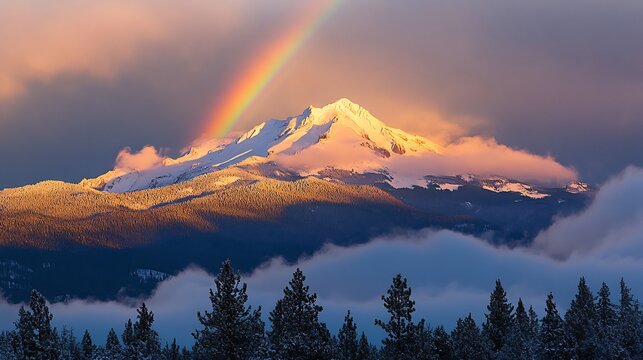 Rainbow arching over a snowy mountain peak with the sun casting a golden light on the snow covered summit and clouds rolling around the base creating a breathtaking mountain view