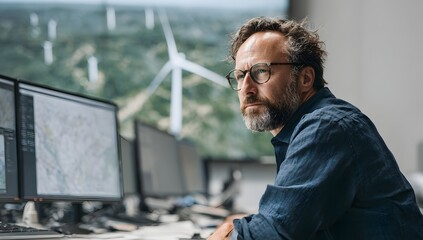 Middle aged man with glasses and a beard monitoring data on multiple computer screens inside an office with a large window overlooking a wind farm
