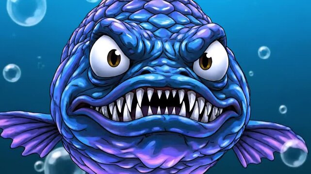 Digital illustration of an angry purple fish with sharp teeth and bubbles in a blue ocean