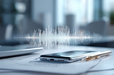 A smartphone lies on documents with a pen, overlaid by a waveform graphic, suggesting audio or communication in a bright, office setting