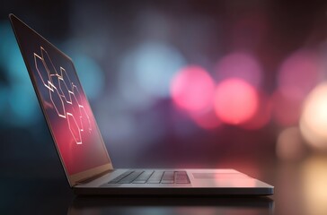 Sleek laptop on a glossy surface, display reflecting soft red and blue bokeh lights in background