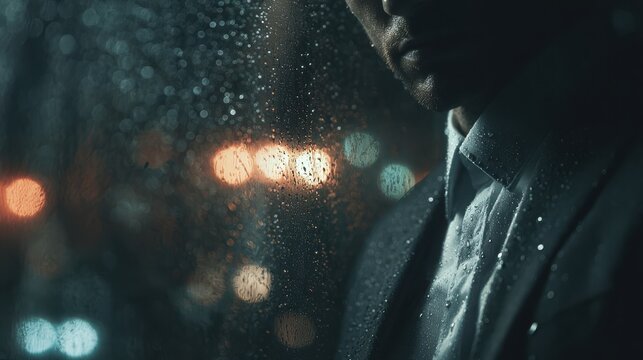 A contemplative man gazes through a rain-streaked window, embodying the mood of introspection and urban solitude at night. - Powered by Adobe