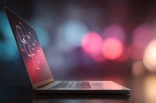 Sleek laptop on a glossy surface, display reflecting soft red and blue bokeh lights in background