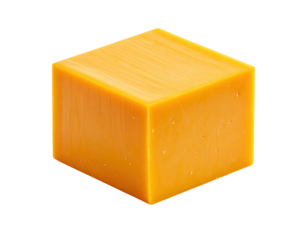A solid, cubic block of orange-yellow cheese