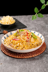 Hot Fried Sauerkraut with Meat Asian Cuisine Dish Served in Traditional Bowl Farmhouse Style Cooking