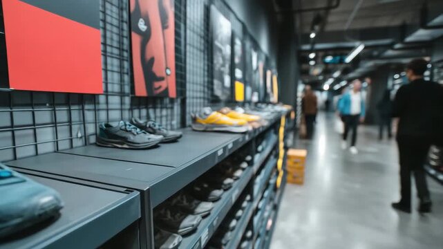 Rows of stylish sports shoes fill the shelves in a contemporary store. Shoppers browse various options, enjoying the vibrant atmosphere on a busy weekend afternoon.