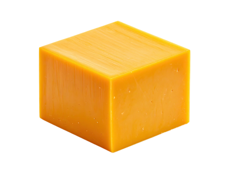 A solid, cubic block of orange-yellow cheese