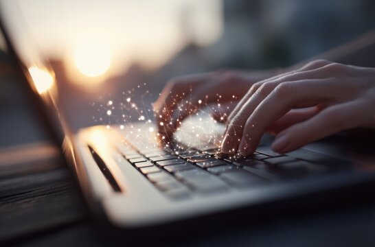 Close up of hands typing on a laptop keyboard with glowing particles overlayed on the keys, against a blurred sunset background