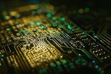 Abstract macro shot of an electronic circuit board with bright gold and green highlights, blurring the details into a soft, dreamlike texture