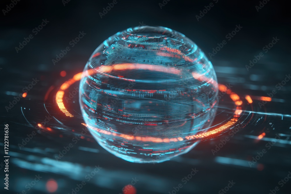 Poster a futuristic glowing sphere with dynamic patterns, symbolizing advanced technology and digital innov