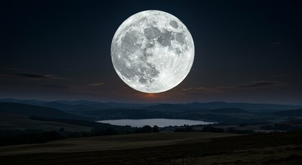 Stunning full moon illuminates serene landscape lake and rolling hills at dusk