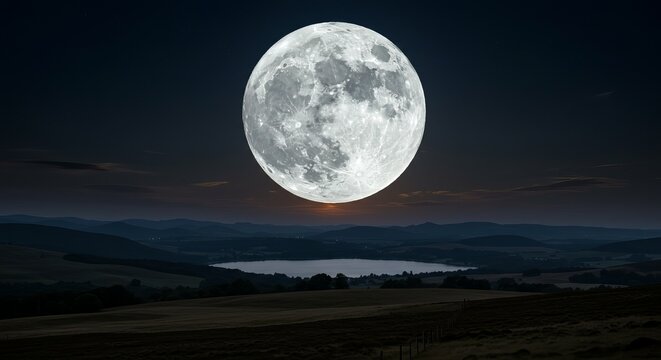 Stunning full moon illuminates serene landscape lake and rolling hills at dusk
