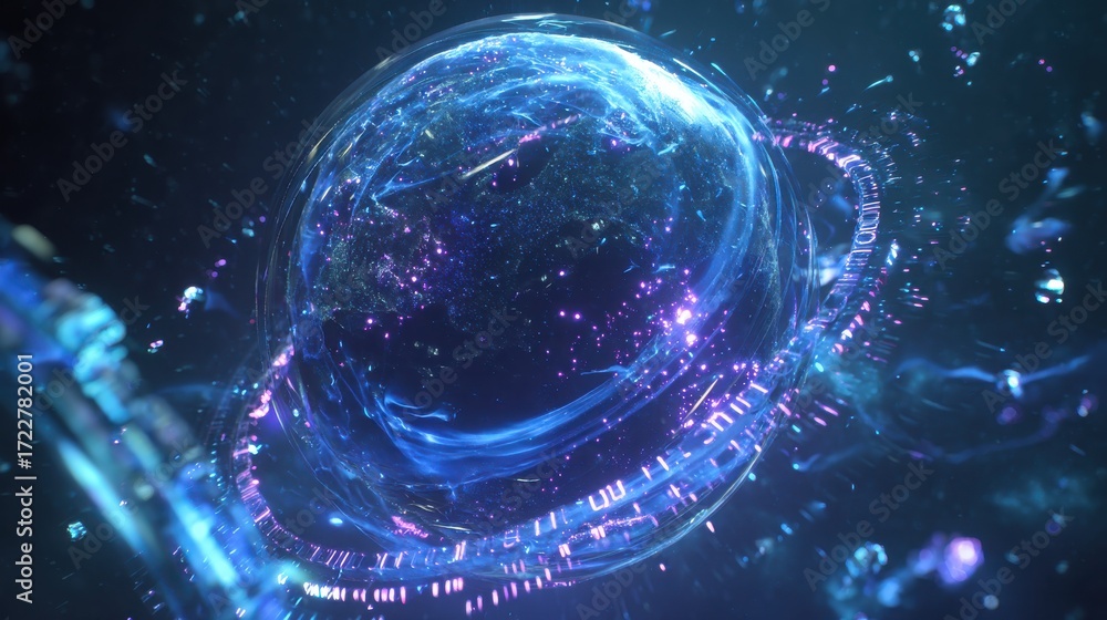 Poster an abstract cosmic scene featuring a glowing, translucent orb surrounded by pulsating lights and par