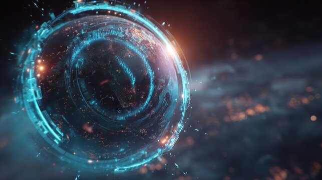 A futuristic, glowing spherical object in a cosmic background with vibrant hues, symbolizing advanced technology and discovery.