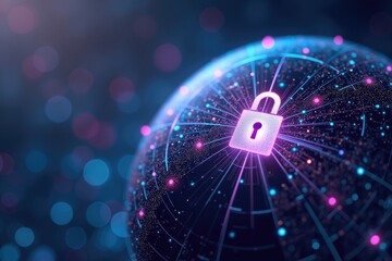 Glowing padlock on a digital sphere with connected lines and dots representing global network security