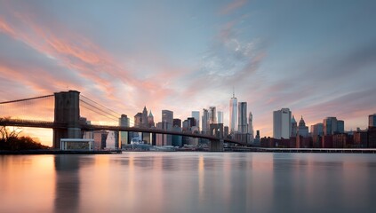 Naklejka premium A panoramic view of the New York City skyline with the Brooklyn Bridge and its reflection during sunrise
