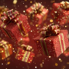 Image of several Christmas gift boxes with gold and red bows, glitter around the boxes and a red background.