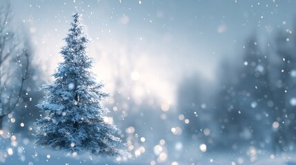 Naklejka premium Snowy christmas tree with background of forest and falling snow
