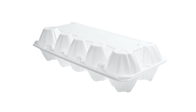 White plastic egg carton, rectangular shape, twelve compartments