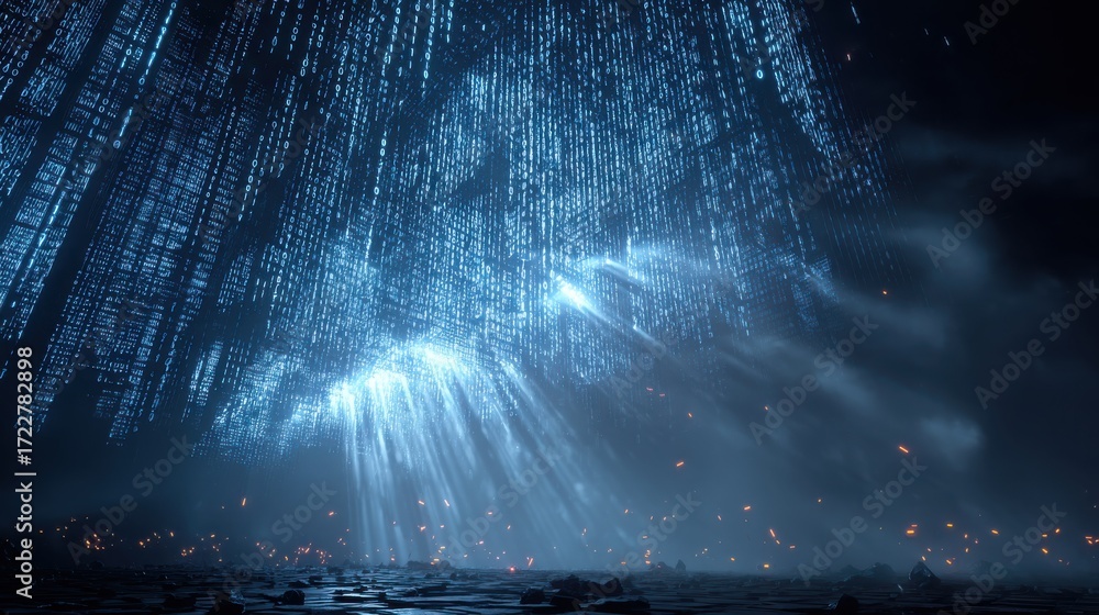 Poster a stunning visual representation of a digital landscape with beams of blue light and binary code ill
