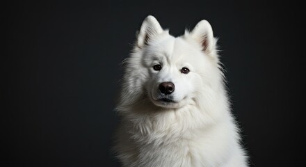 Obraz premium A majestic white Samoyed dog with a fluffy coat and alert eyes, posing against a dark, moody background.